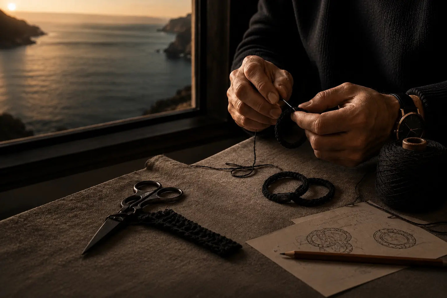 Person working with yarn and scissors on a table by a window with a scenic view of water and mountains.