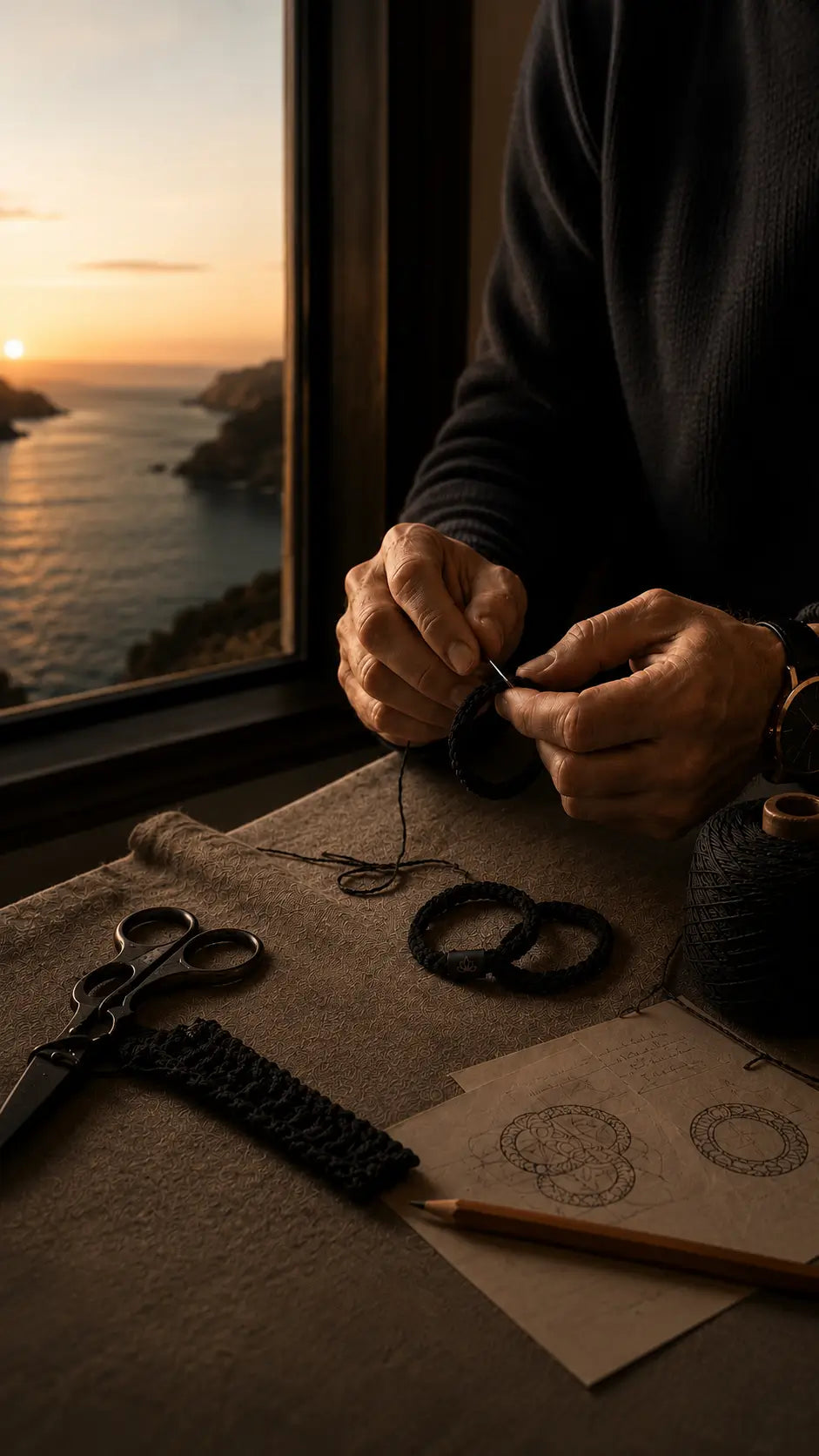 Person working on a craft project with a scenic view of the ocean through a window.