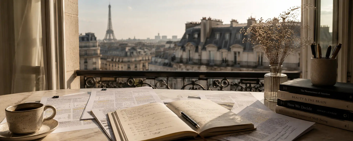 Open book on a table with a view of the Eiffel Tower through a window.