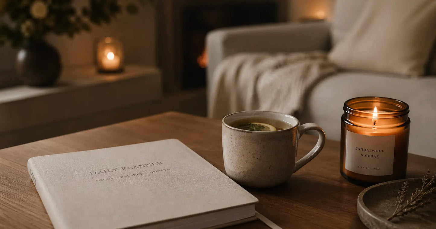 A minimalist morning ritual setup featuring a Malkiele linen journal, a ceramic mug of tea, and a luxury sandalwood candle on a clean wooden surface, illustrating the science of rest and slow living.