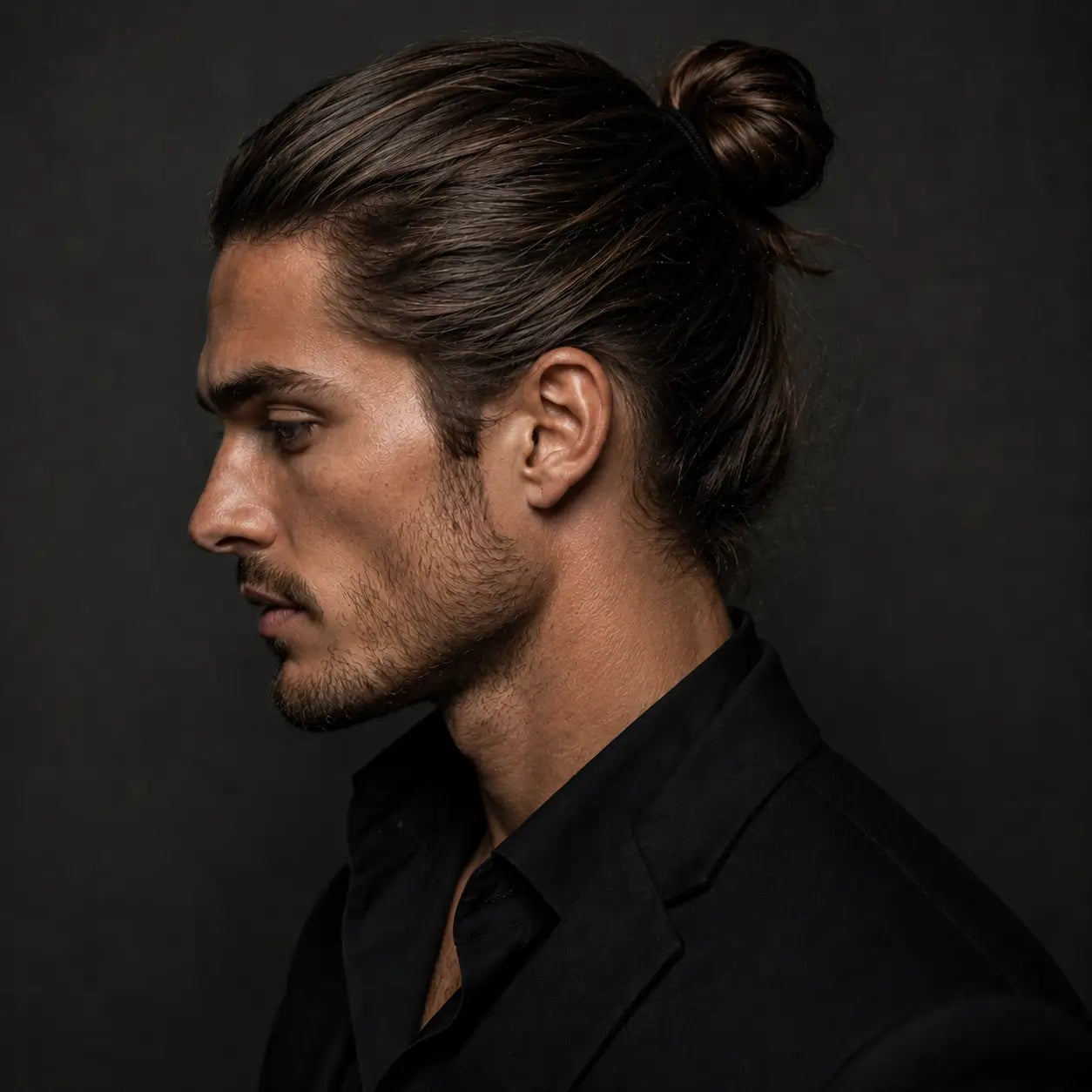 
                  
                    Man with a bun hairstyle wearing a black suit against a dark background
                  
                