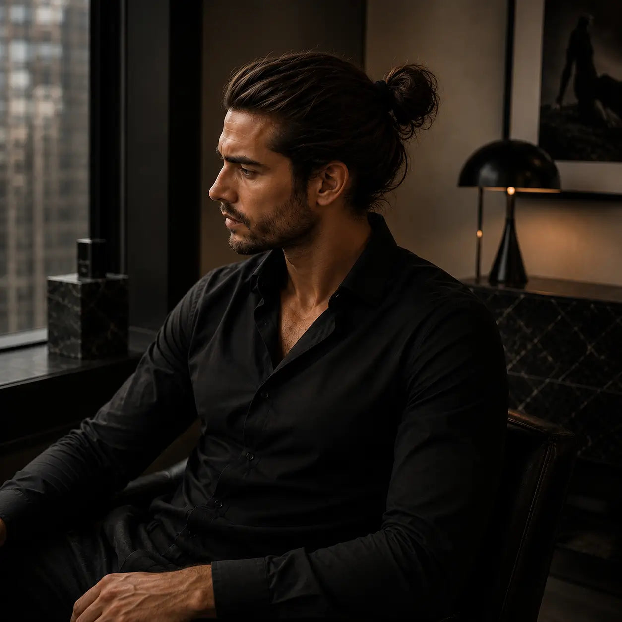 
                  
                    Man with a bun sitting in a dimly lit room with a cityscape view.
                  
                