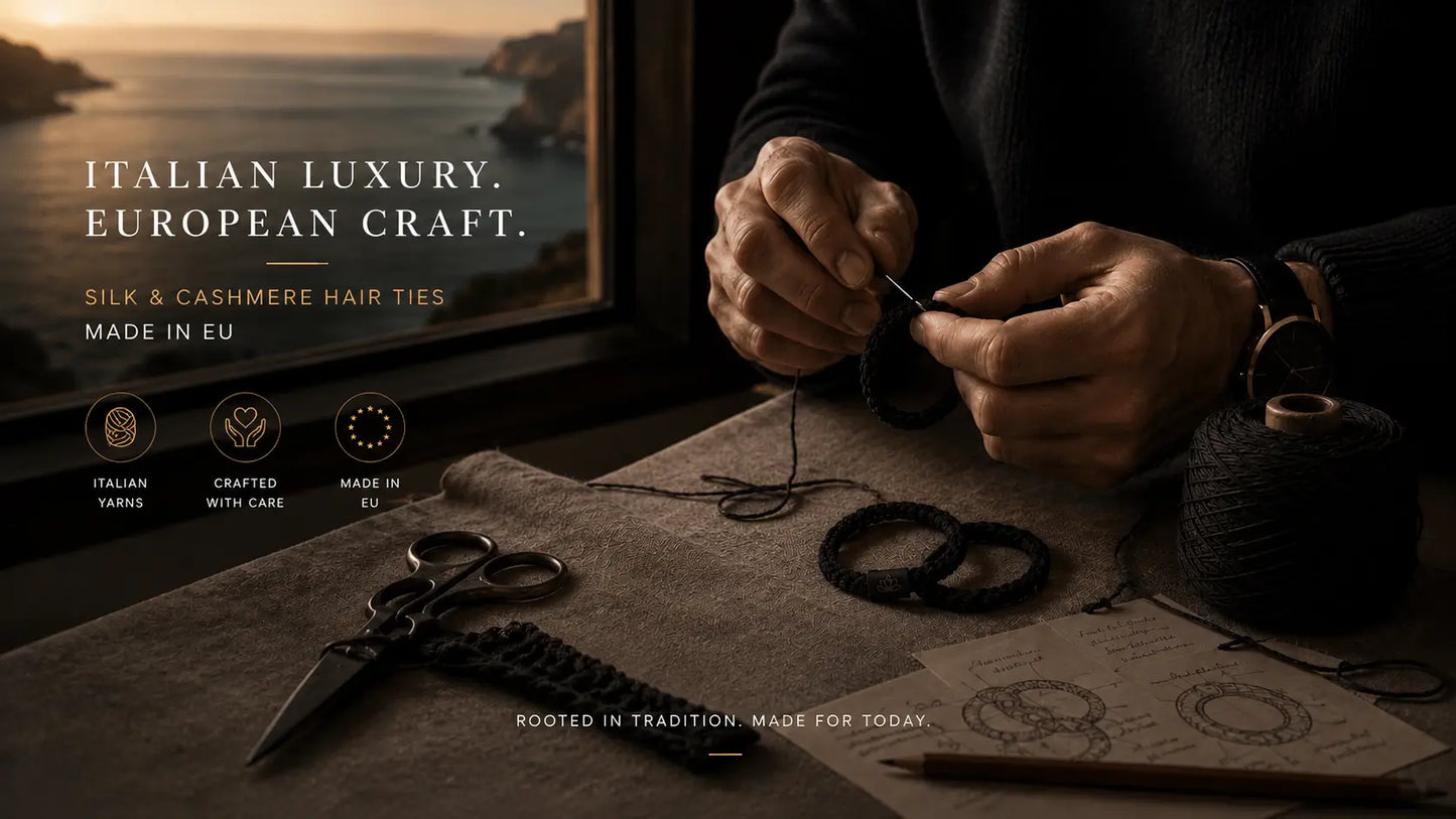 Person crafting silk hair ties with text about Italian luxury and European craft.