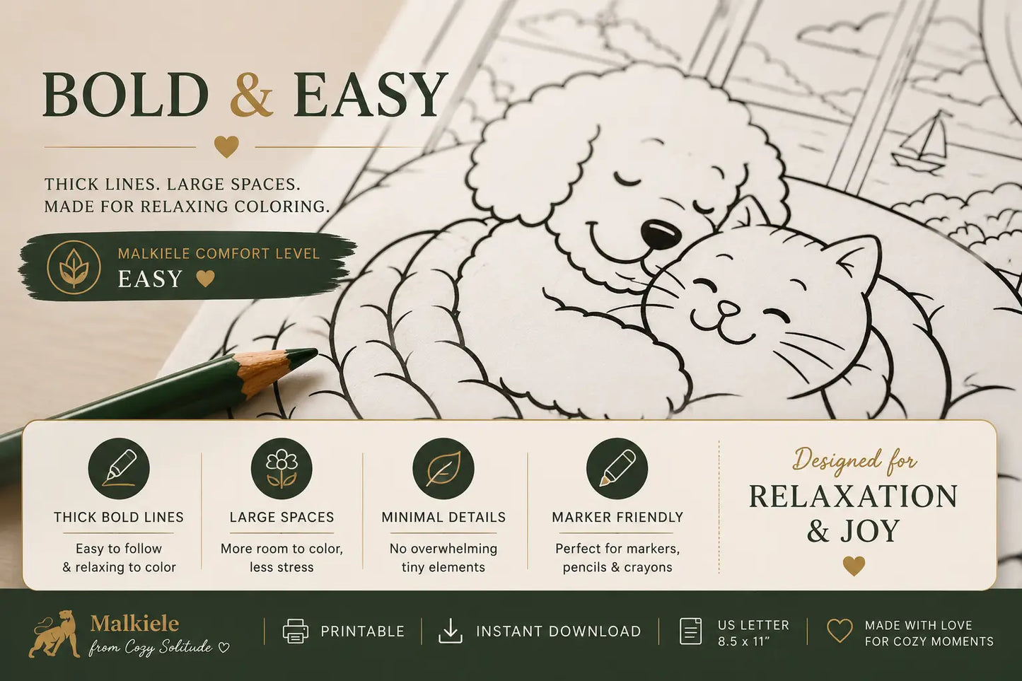 Promotional graphic for the 'Bold & Easy' coloring page set by Malkie, showing a black-and-white line art illustration of a fluffy dog on a cream background, with a green pencil and dark green banner detailing product features.
