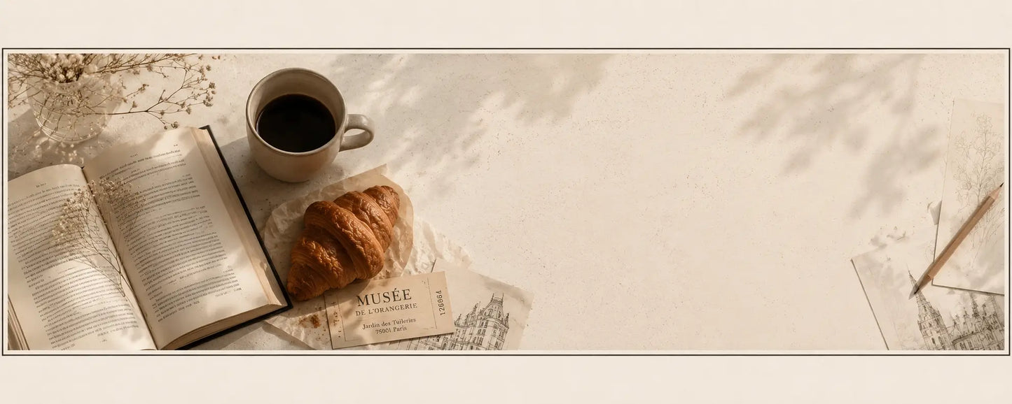 Open book, cup of coffee, croissant, and small bouquet on a light surface