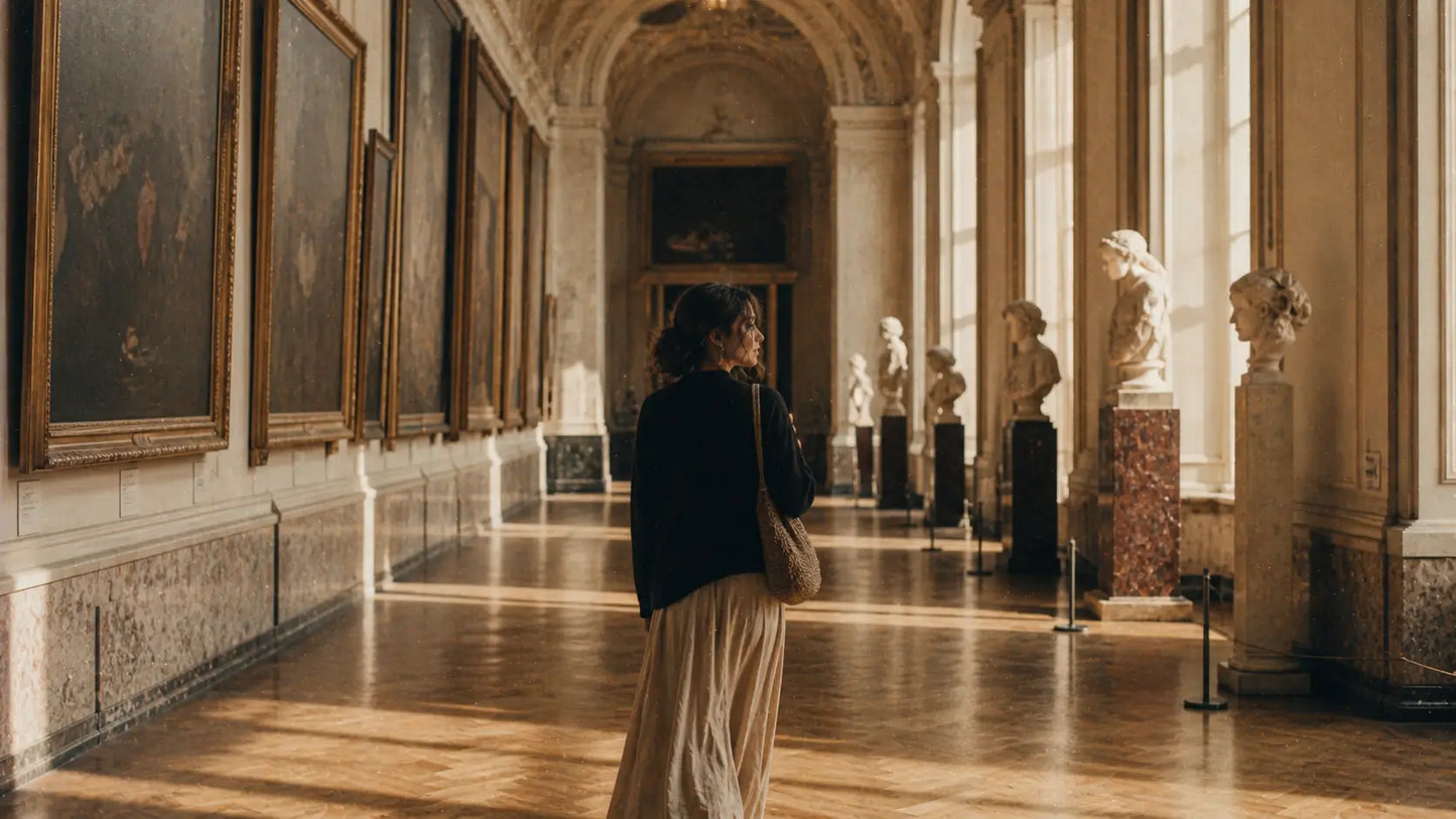 Woman walking through a grand hallway with classical statues and paintings on the walls.
