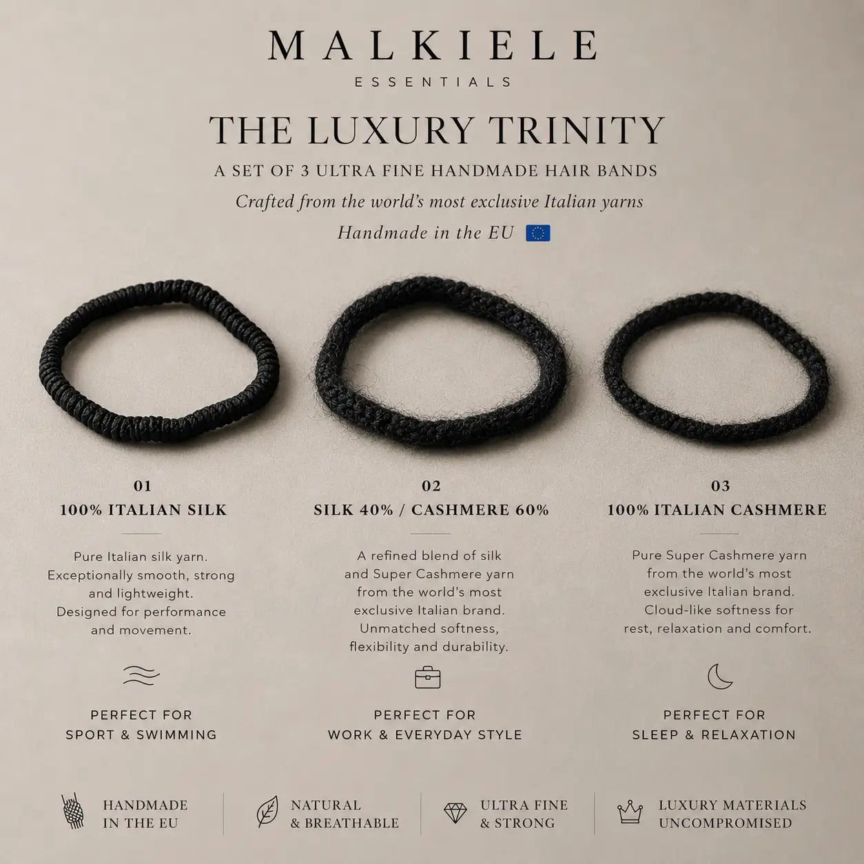 Three black hair bands with product details on a beige background, featuring the brand 'Malkiele'.