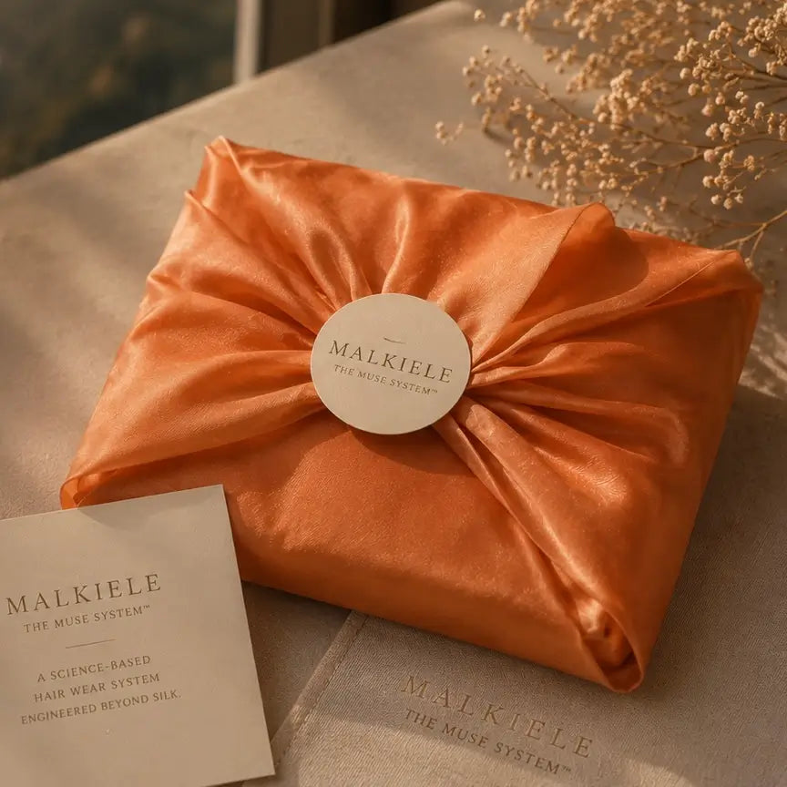 
                  
                    Orange wrapped package with a label on a textured surface
                  
                