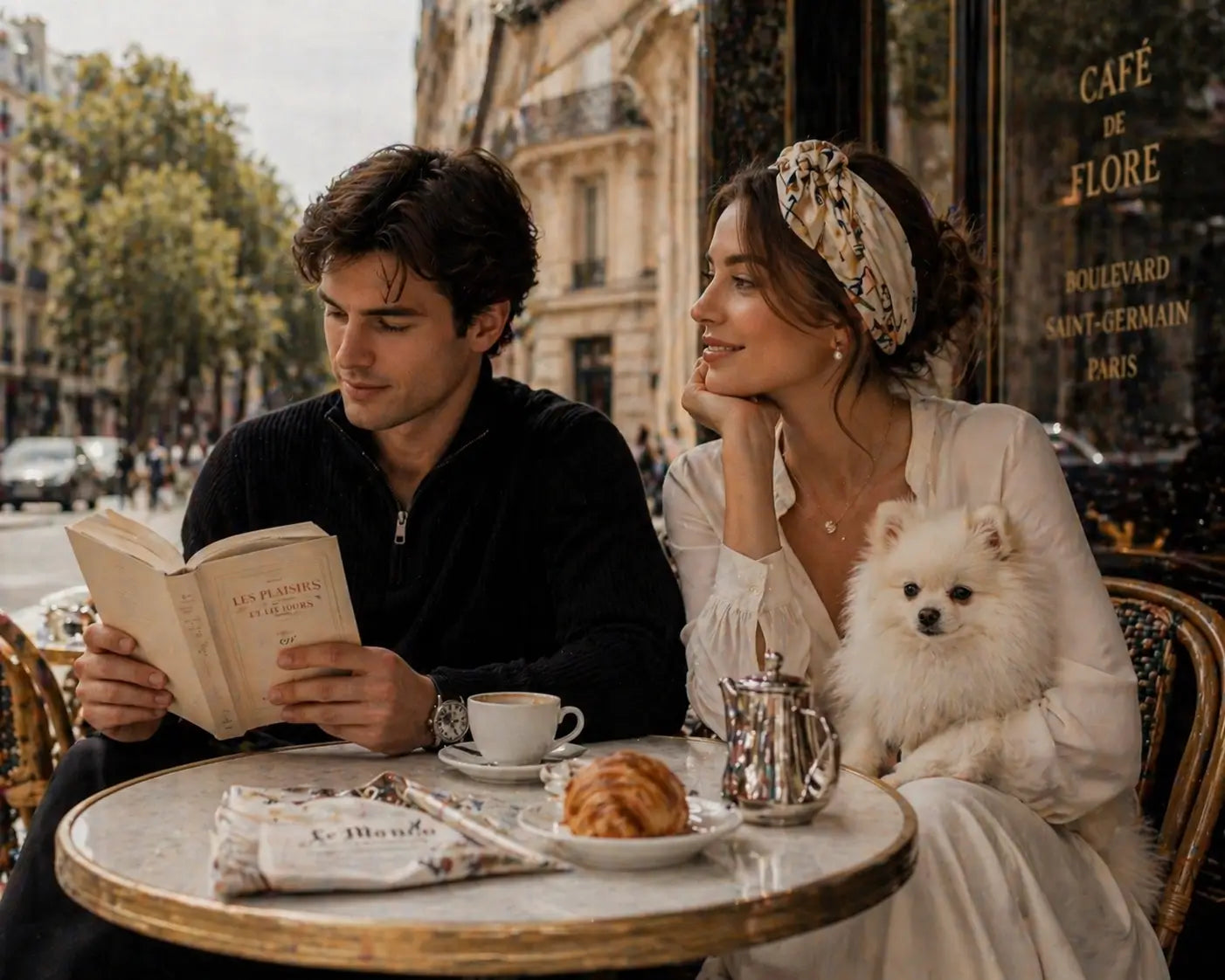Couple with a dog at a café in Paris