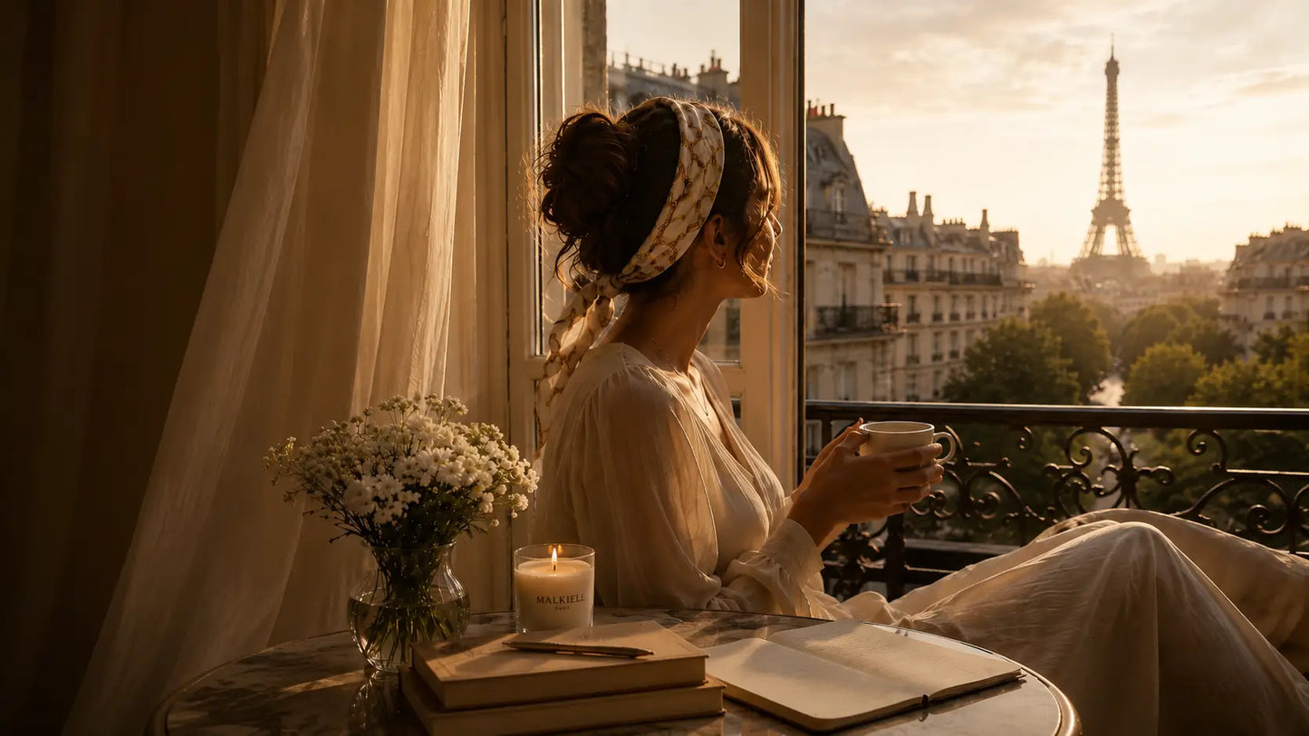 Woman sitting on a balcony with a view of the Eiffel Tower, holding a cup.