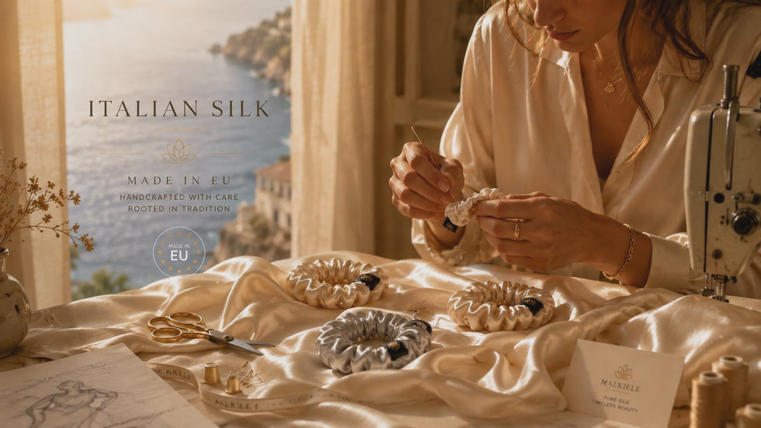 Woman is sewing silk hair ties in Europe.