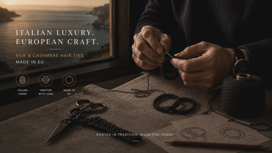 Person crafting silk hair ties with text about Italian luxury and European craft.