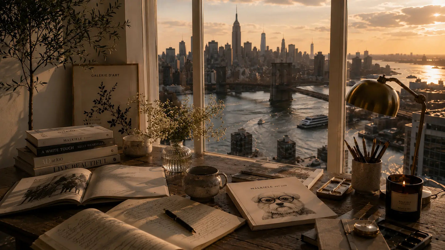 New York luxury apartment view and table with many books and magazines of Malkiele