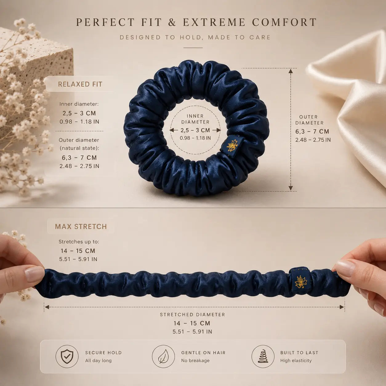 
                  
                    Navy blue scrunchie with measurements and features on a beige background
                  
                