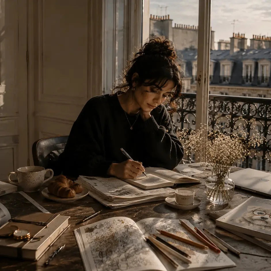 Woman sitting at a table with art supplies, looking out a window with a cityscape view.