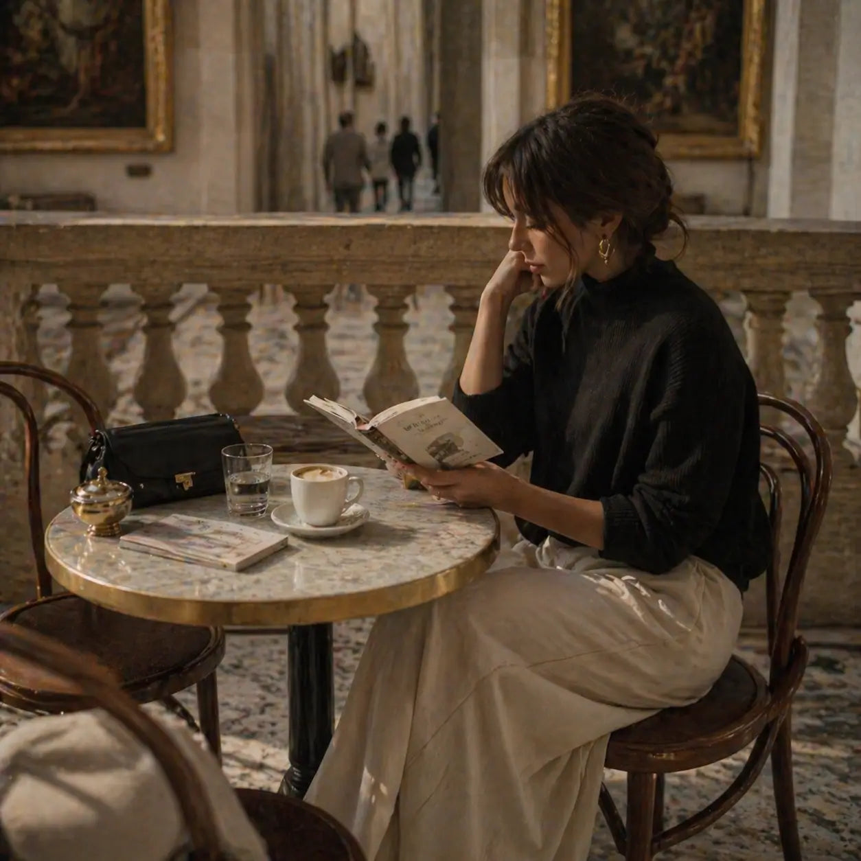 Woman reading a book at a cafe with marble table and classical painting background