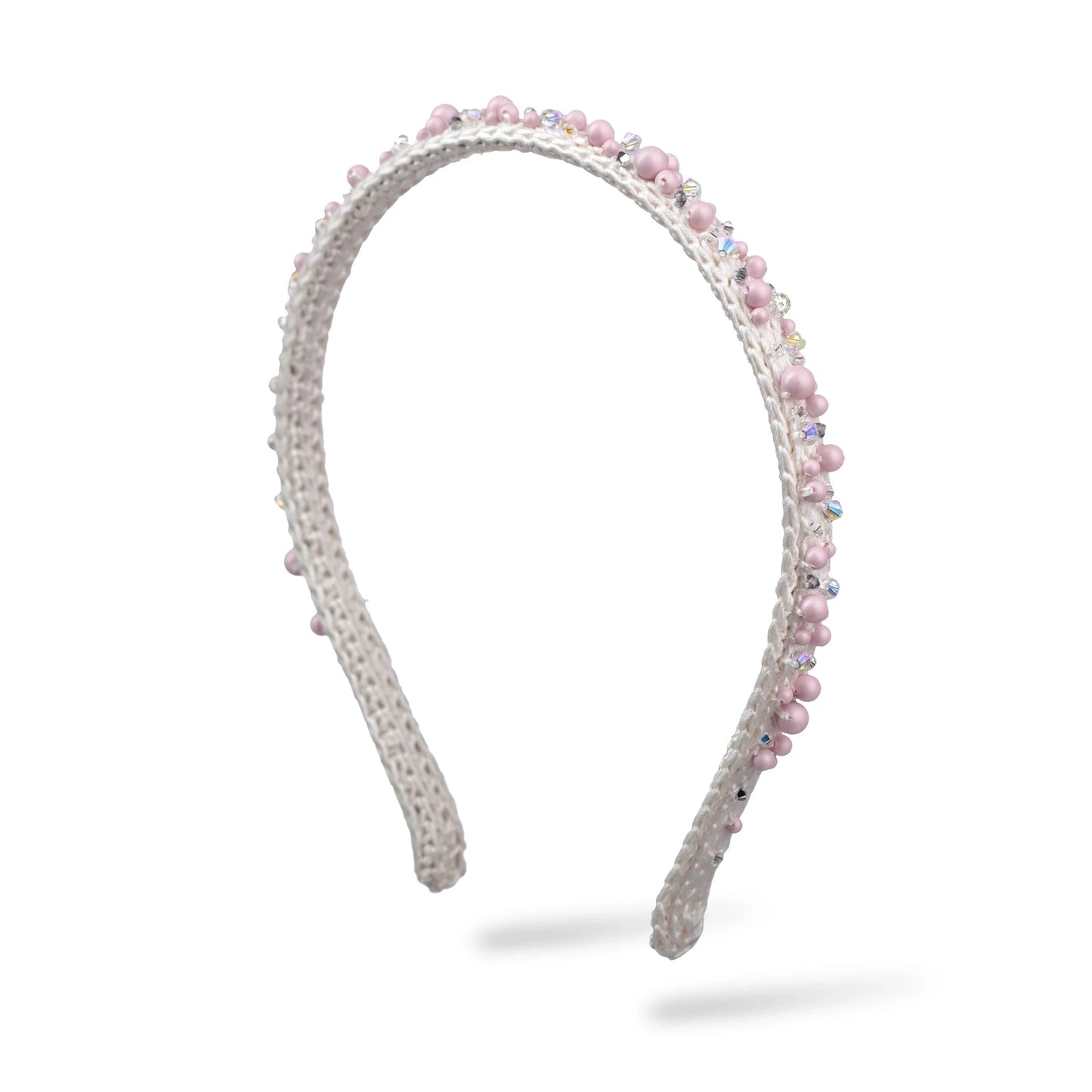 Malkiele designer, white silk knit headband for woman, embellished with pink pearls from Swarovski®, premium and sustainable, name Confident.