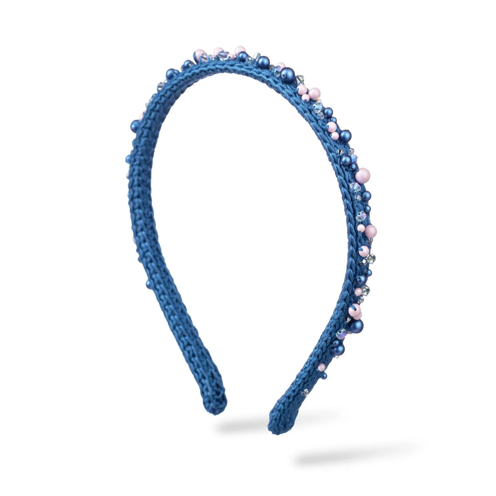 Malkiele designer, dark blue silk knit headband for woman, embellished with pink and blue pearls from Swarovski®, premium and sustainable, name Confident.