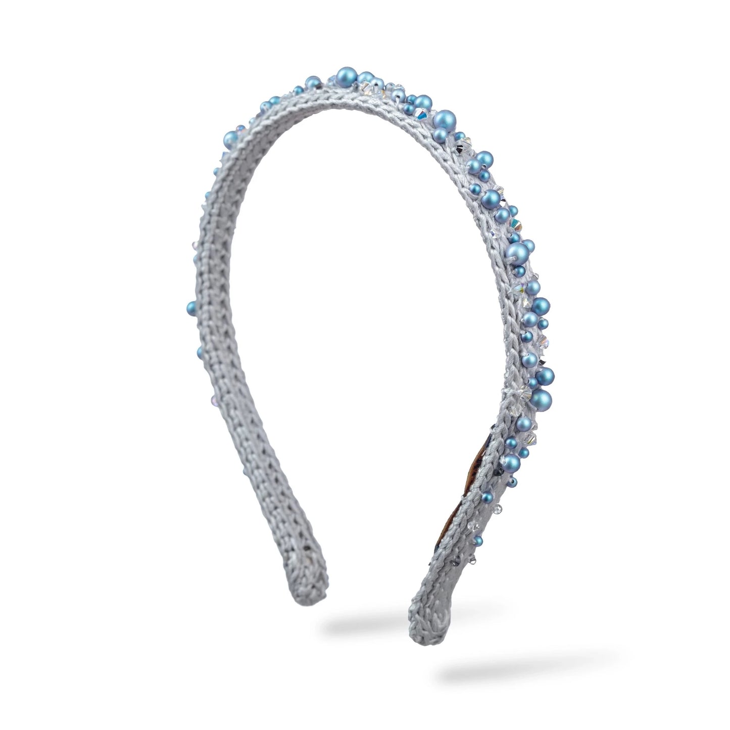 Malkiele designer, grey silk knit headband for woman, embellished with light blue pearls from Swarovski®, premium and sustainable, name Confident.