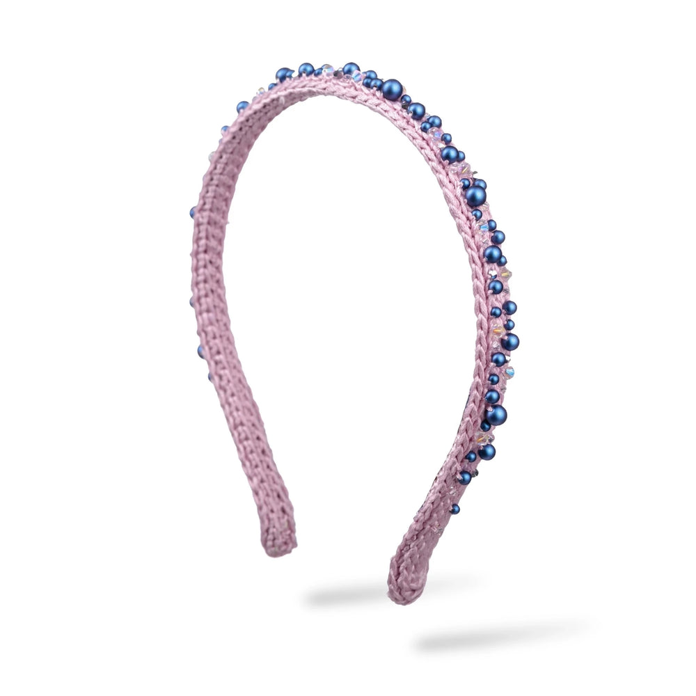 Malkiele designer, pink silk knit headband for woman, embellished with blue pearls from Swarovski®, premium and sustainable, name Confident.