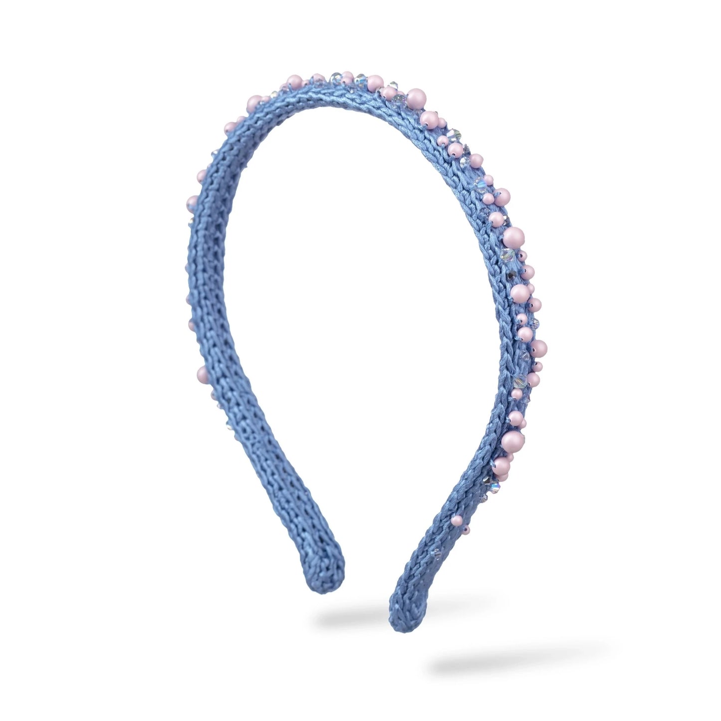 Malkiele designer, light blue silk knit headband for woman, embellished with pink pearls from Swarovski®, premium and sustainable, name Confident.