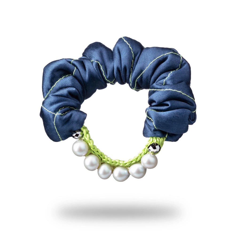 Malkiele designer, navy blue silk scrunchie for woman, embellished with grey pearls from Swarovski® and light blue silk knit ribbon, premium and sustainable, name Daring.