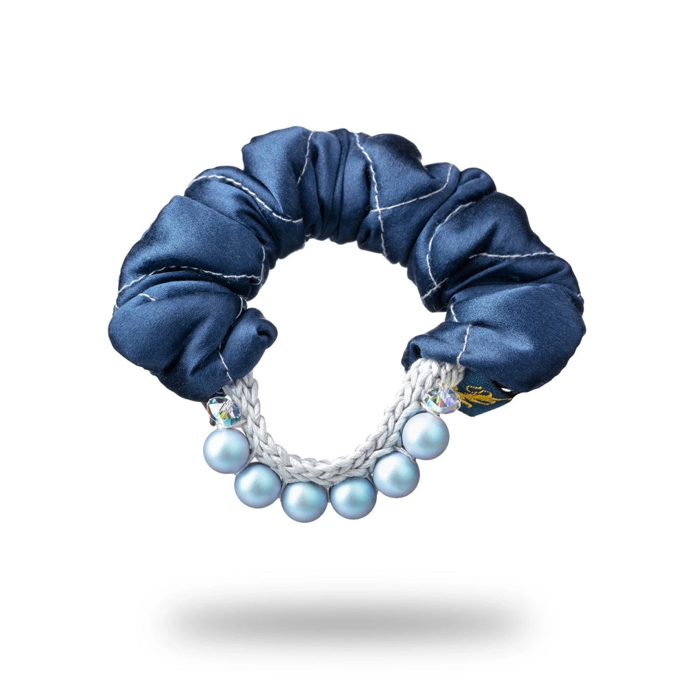 Malkiele designer, navy blue silk scrunchie for woman, embellished with light blue pearls from Swarovski® and grey silk knit ribbon, premium and sustainable, name Daring.