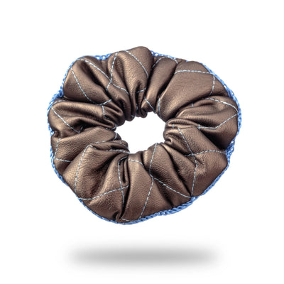 Malkiele designer, brown scrunchie for woman, quilted vegan leather, embellished with light blue silk knit ribbon, premium and sustainable, name Desired.