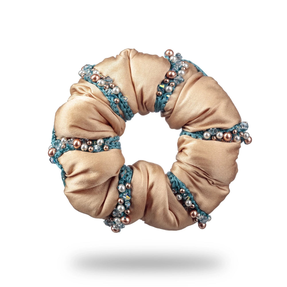 
                  
                    Malkiele designer silk scrunchie with swarovski in beige, name Elizabeth
                  
                