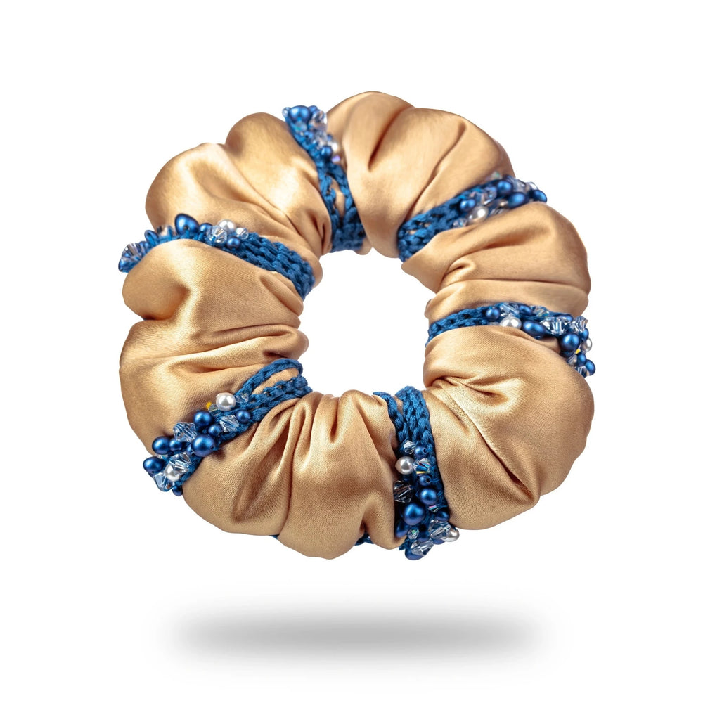 Malkiele designer, beige silk scrunchie for woman, embellished with crystals from Swarovski® and blue silk knit ribbon, premium and sustainable, name Elizabeth.