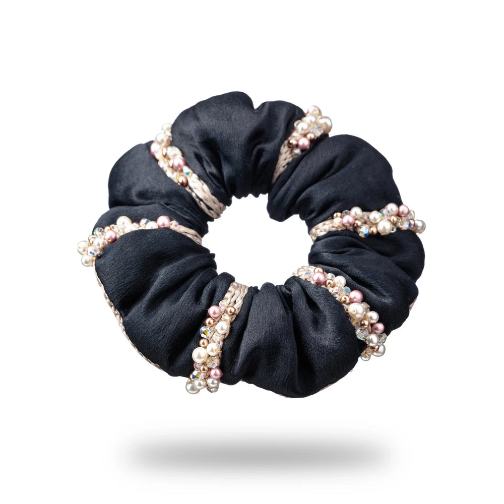 Malkiele designer, black silk scrunchie for woman, embellished with crystals from Swarovski® and beige silk knit ribbon, premium and sustainable, name Elizabeth.