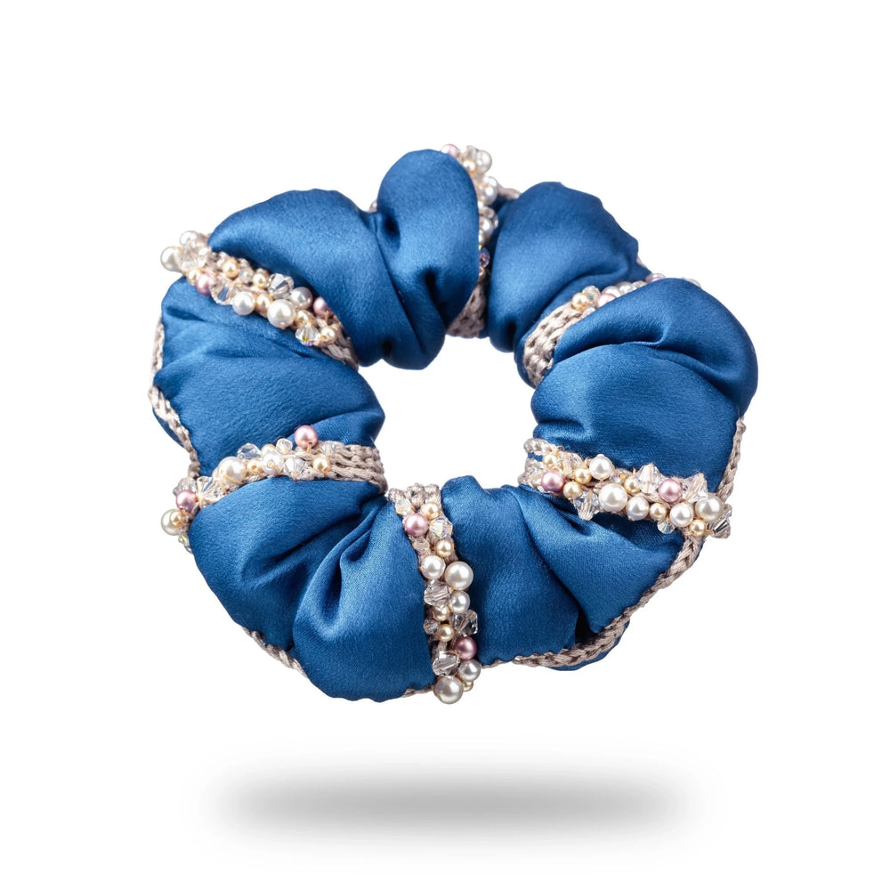 Malkiele designer, royal blue silk scrunchie for woman, embellished with crystals from Swarovski® and beige silk knit ribbon, premium and sustainable, name Elizabeth.