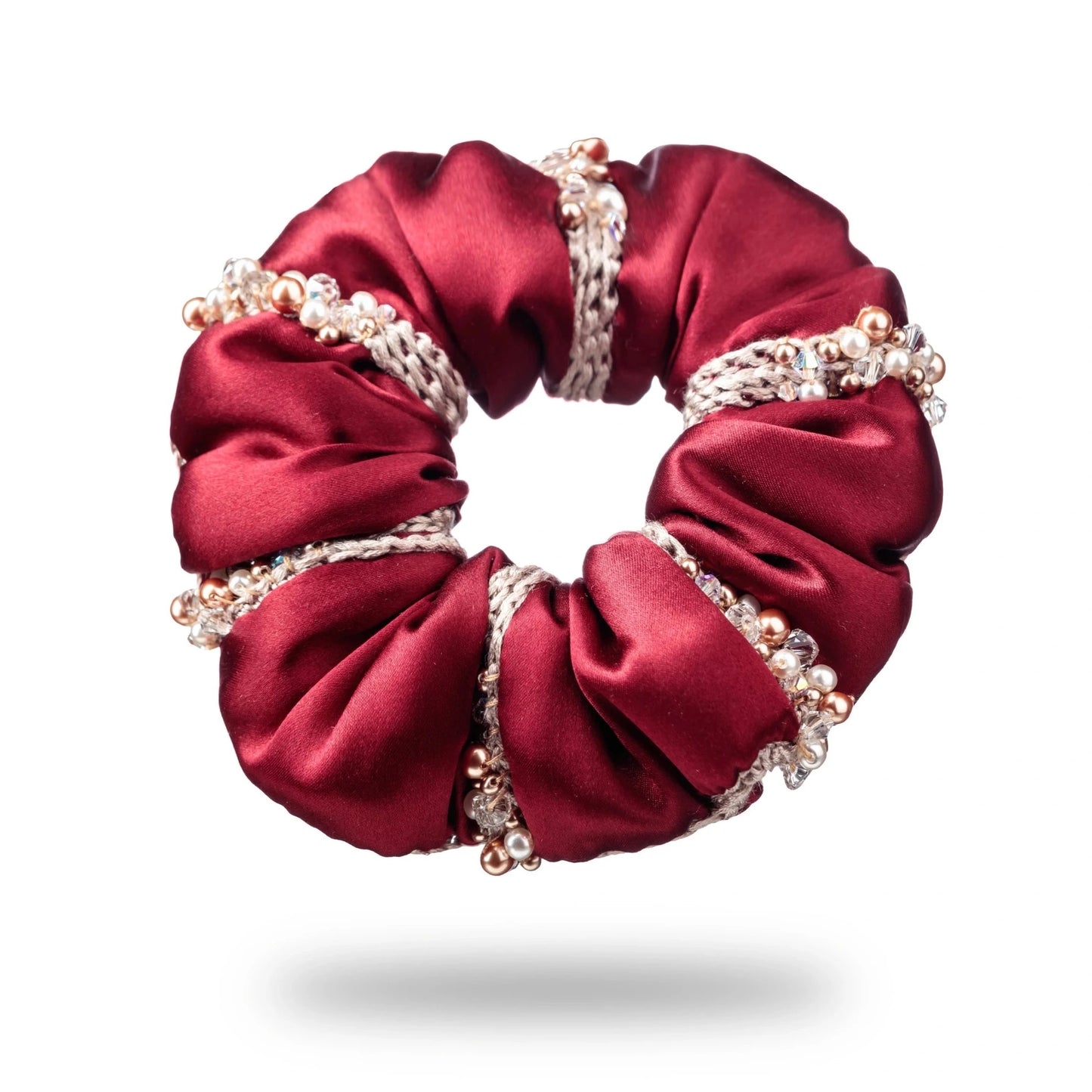 Malkiele designer, burgundy silk scrunchie for woman, embellished with crystals from Swarovski® and beige silk knit ribbon, premium and sustainable, name Elizabeth.