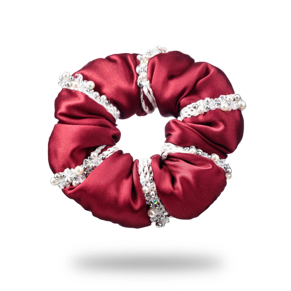 
                  
                    Malkiele designer, burgundy silk scrunchie for woman, embellished with crystals from Swarovski® and white silk knit ribbon, premium and sustainable, name Elizabeth.
                  
                