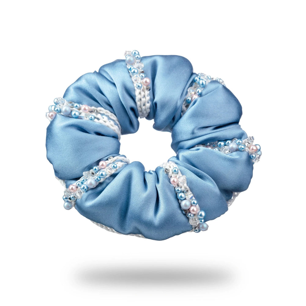 Malkiele designer, light blue silk scrunchie for woman, embellished with crystals from Swarovski® and white silk knit ribbon, premium and sustainable, name Elizabeth.