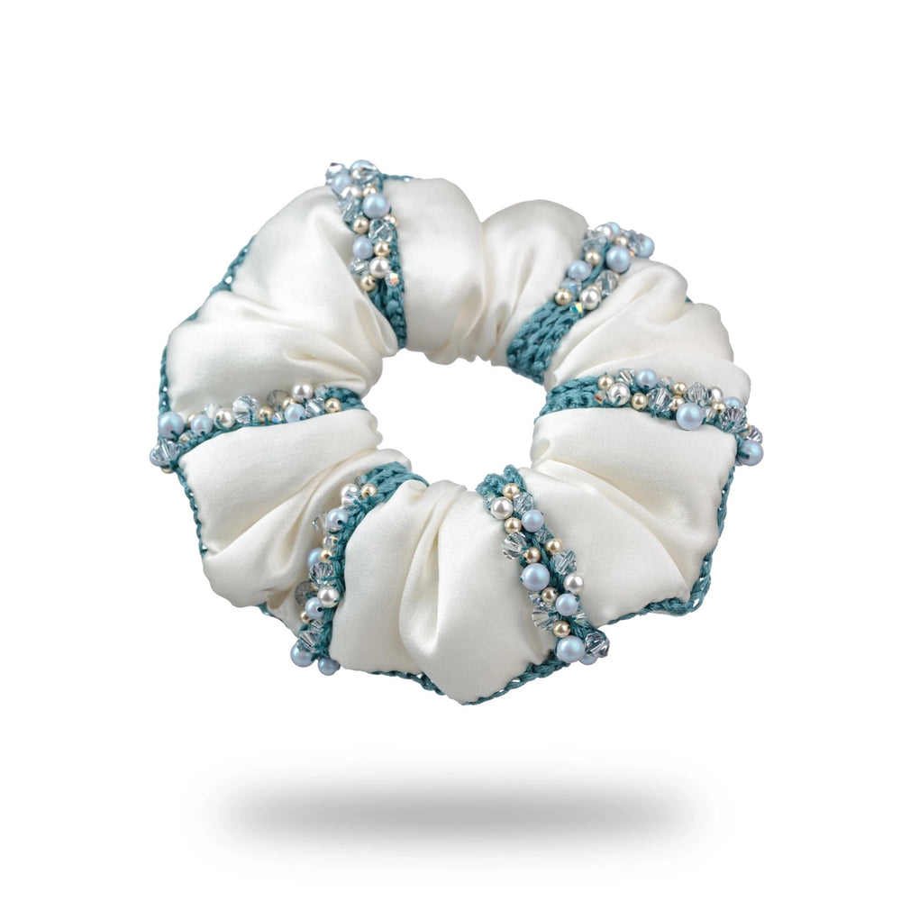 Malkiele designer, white silk scrunchie for woman, embellished with crystals from Swarovski® and green silk knit ribbon, premium and sustainable, name Elizabeth.