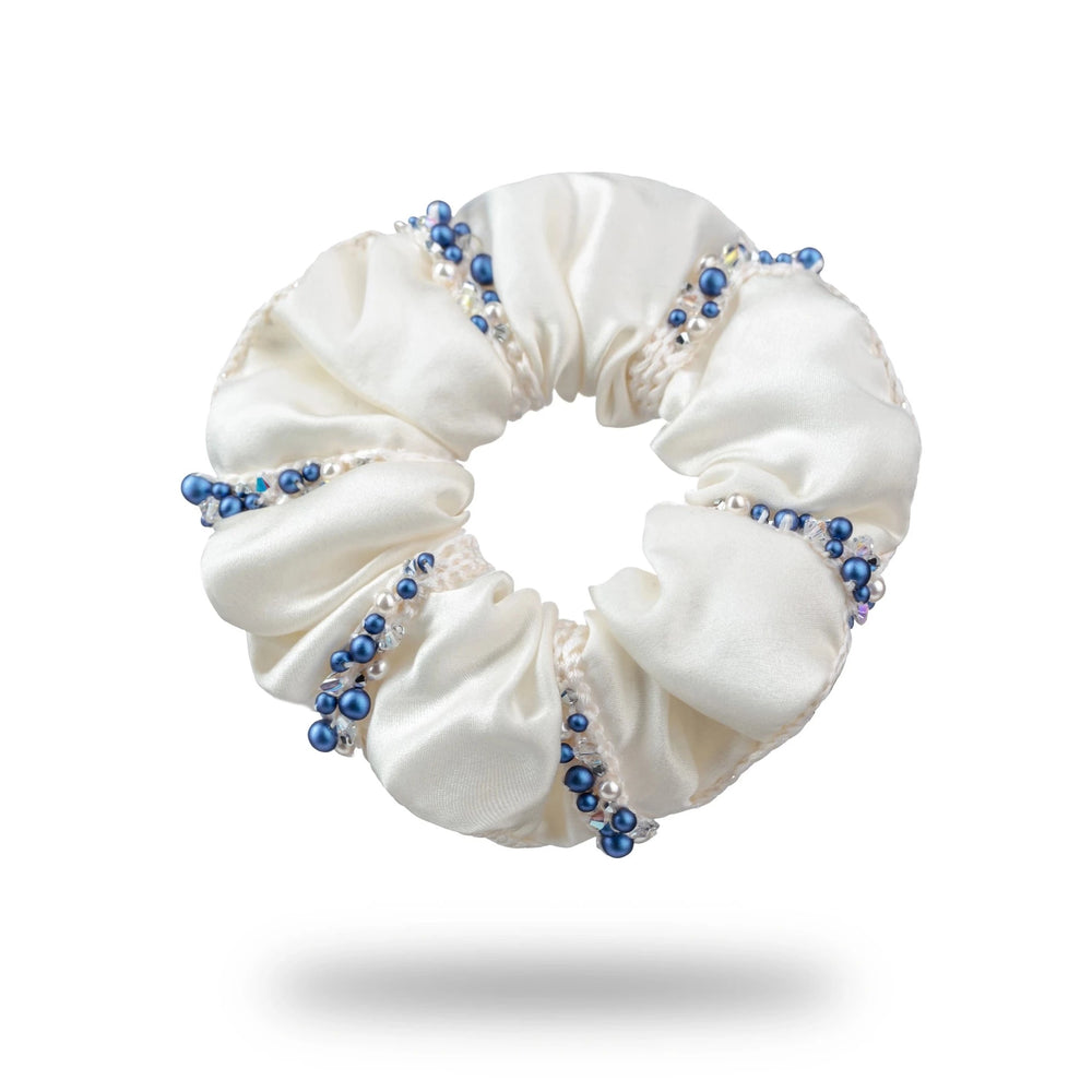 Malkiele designer, white silk scrunchie for woman, embellished with blue crystals from Swarovski® and white silk knit ribbon, premium and sustainable, name Elizabeth.