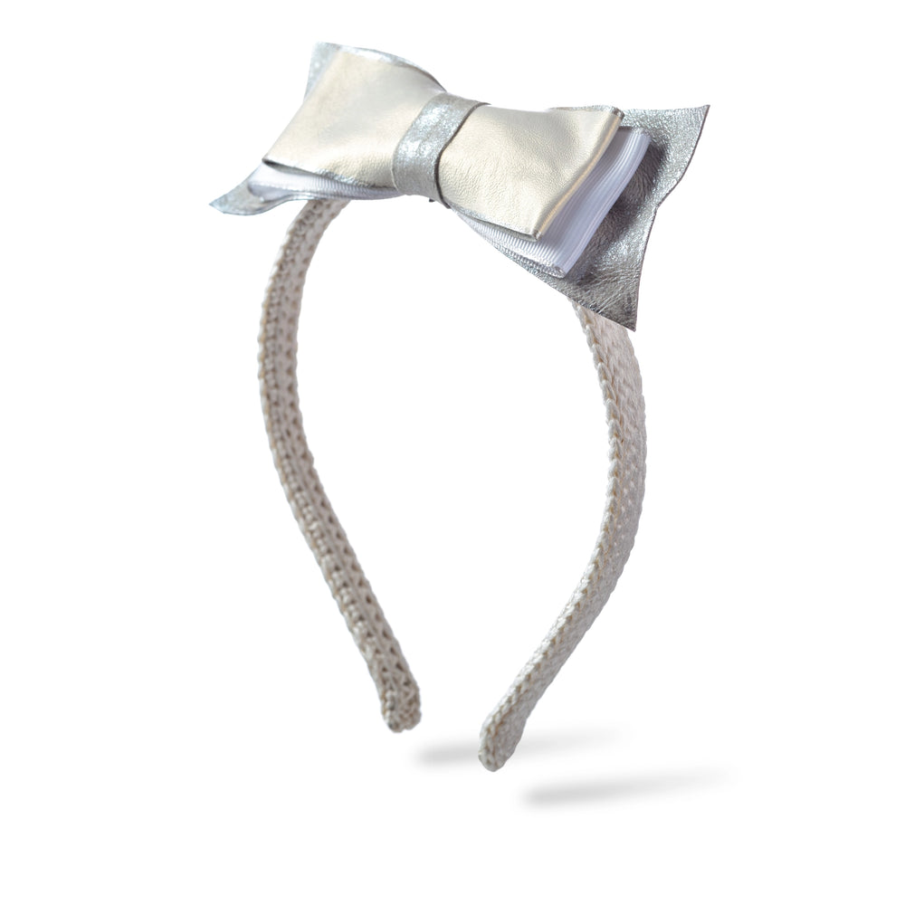 Malkiele designer, bridal white silk knit headband for woman, embellished with white and silver leather bow, premium and sustainable, name Enjoyable.