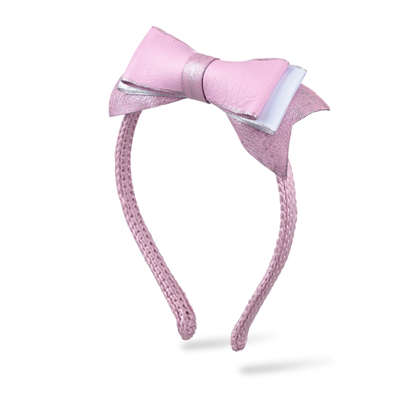 Malkiele designer, pink silk knit headband for woman, embellished with pink and silver leather bow, premium and sustainable, name Enjoyable.
