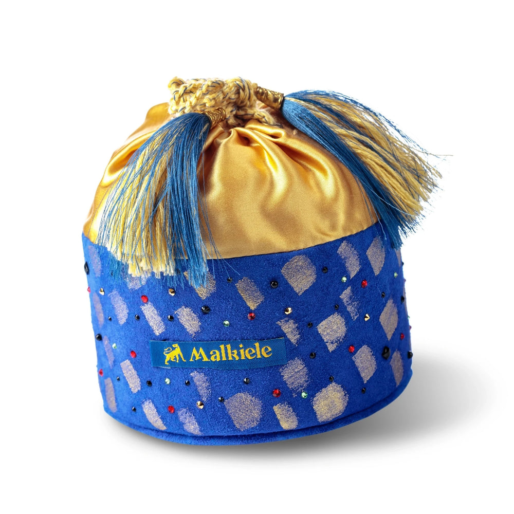 Malkiele designer, royal blue round art suede bag, gold silk lining, blue tassels, Malkiele logo, embellished with crystals from Swarovski®, name Favourite.