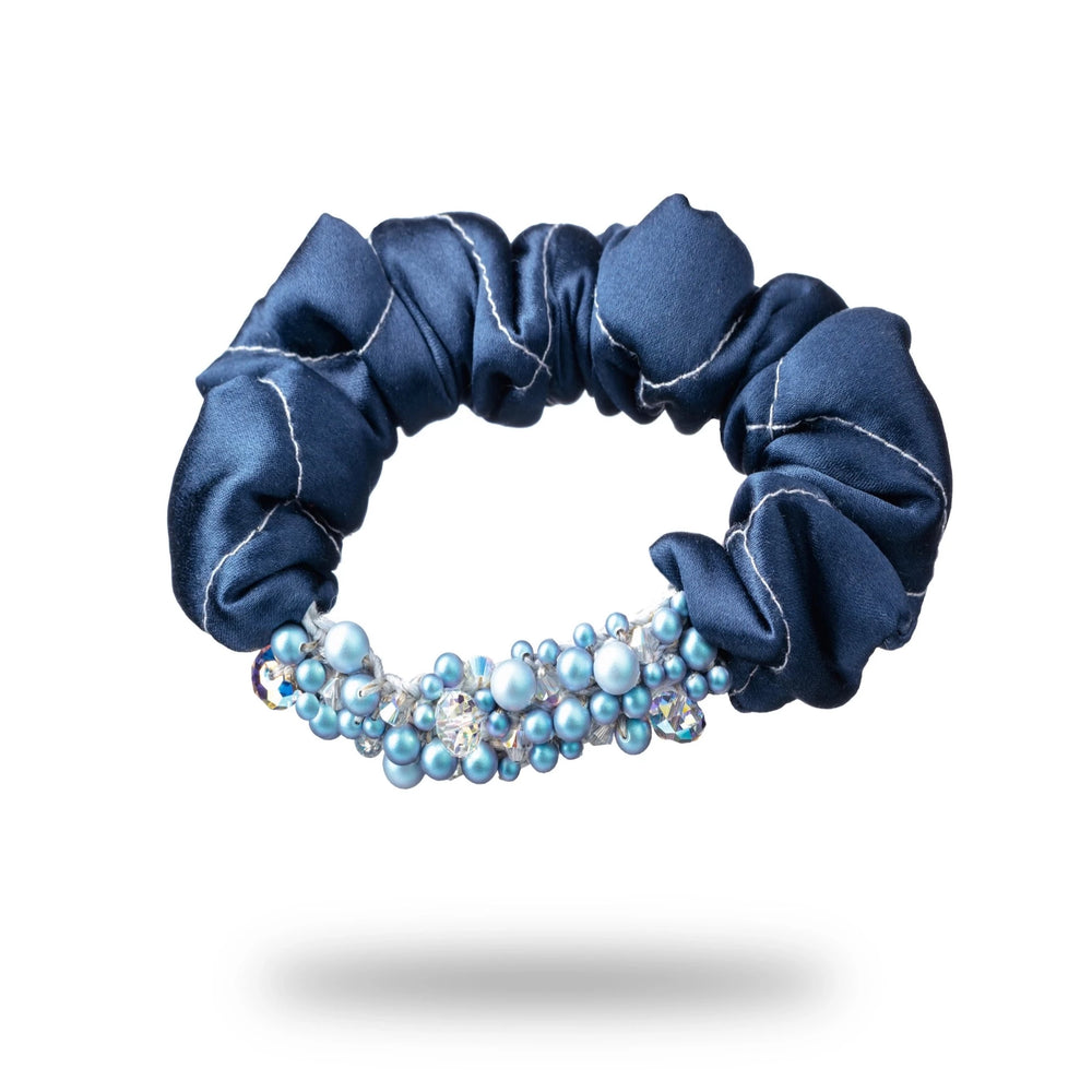 Malkiele designer, navy blue silk scrunchie for woman, embellished with light blue pearls from Swarovski® and grey silk knit ribbon, premium and sustainable, name Glowing.