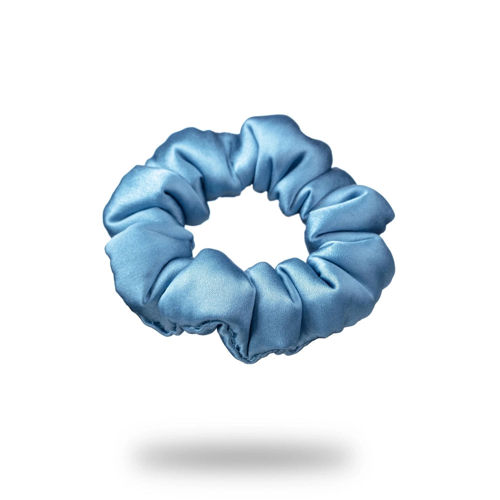 Malkiele designer, light blue silk covered coil scrunchie for woman and little girls, premium and sustainable, name Grace.