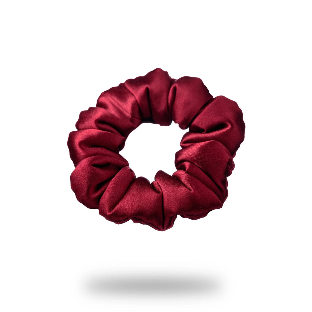 Malkiele designer, burgundy silk covered coil scrunchie for woman and little girls, premium and sustainable, name Grace.