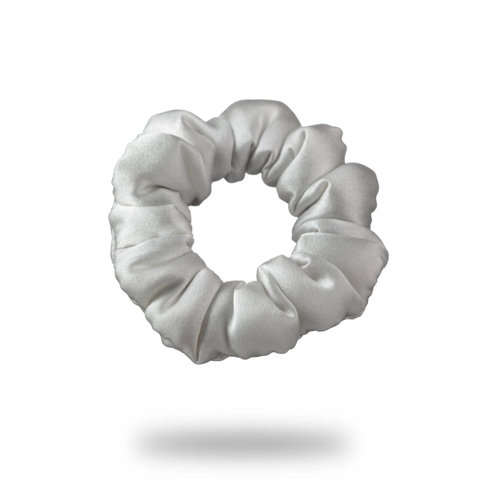 
                  
                    Malkiele designer, bridal white silk covered coil scrunchie for woman and little girls, premium and sustainable, name Grace.
                  
                