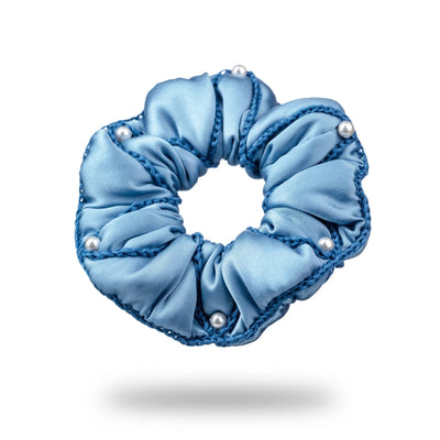 Malkiele designer, light blue silk scrunchie for woman, embellished with 6 white pearls from Swarovski® and blue silk knit ribbon, premium and sustainable, name Majestic.