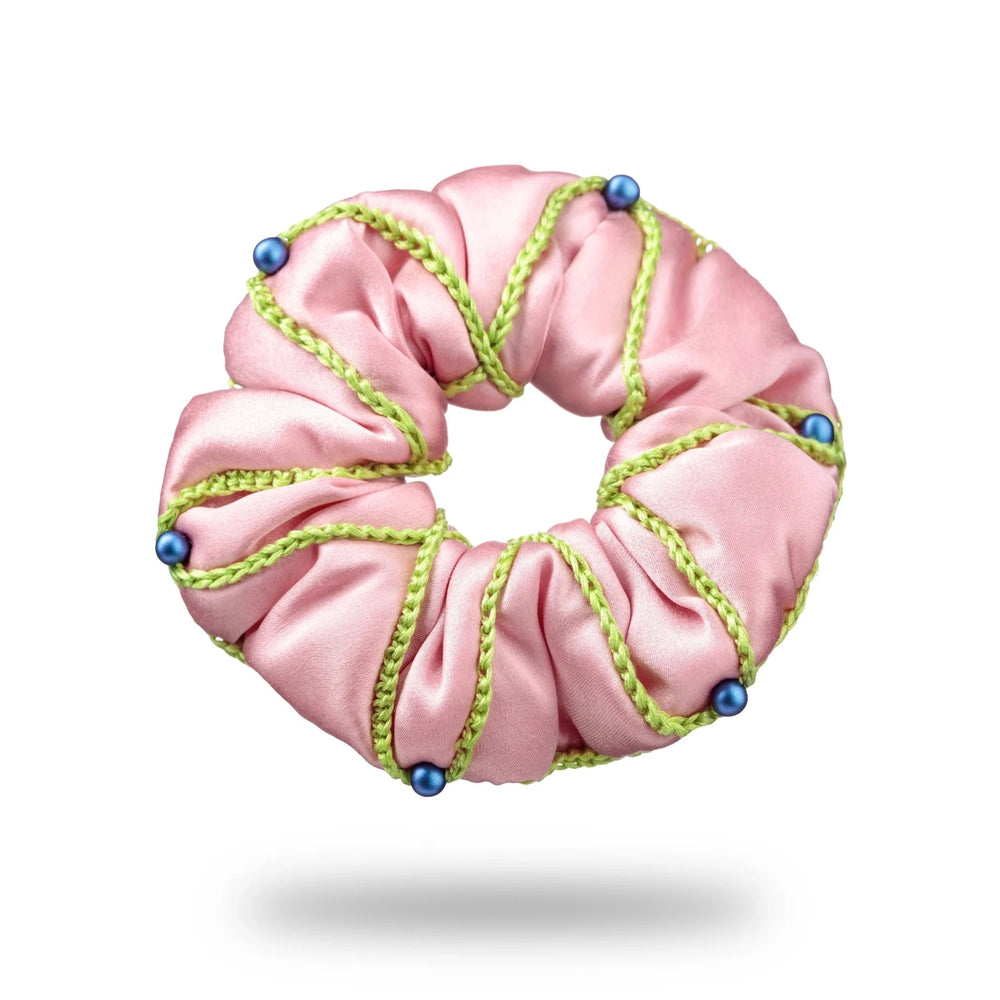 Malkiele designer, pink silk scrunchie for woman, embellished with 6 blue pearls from Swarovski® and light green silk knit ribbon, premium and sustainable, name Majestic.