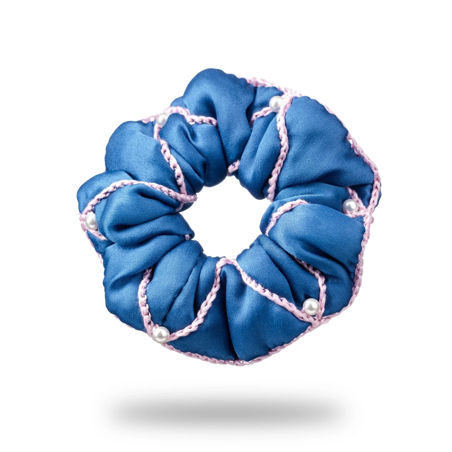 
                  
                    Malkiele designer, royal blue silk scrunchie for woman, embellished with 6 white pearls from Swarovski® and pink silk knit ribbon, premium and sustainable, name Majestic.
                  
                