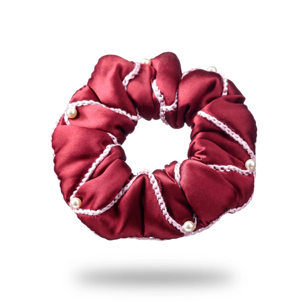 Malkiele designer, burgundy silk scrunchie for woman, embellished with 6 white pearls from Swarovski® and pink silk knit ribbon, premium and sustainable, name Majestic.