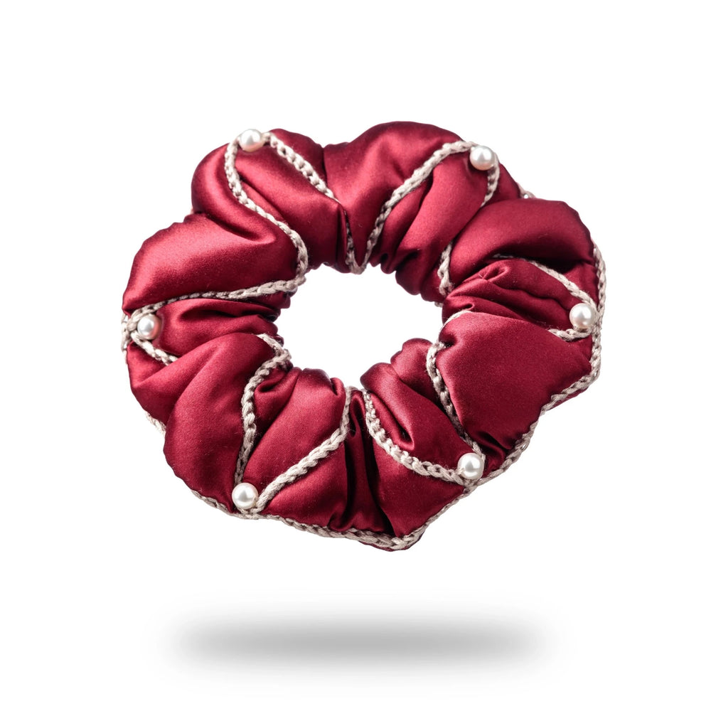 
                  
                    Malkiele designer, burgundy silk scrunchie for woman, embellished with 6 white pearls from Swarovski® and beige silk knit ribbon, premium and sustainable, name Majestic.
                  
                