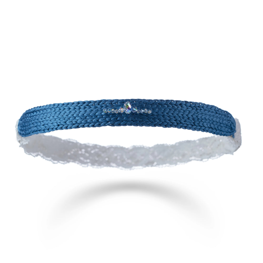 Malkiele designer, blue silk knit headband for little girls, embellished with crystals from Swarovski® and white lace, luxe style, premium and sustainable, name name Antoinette.